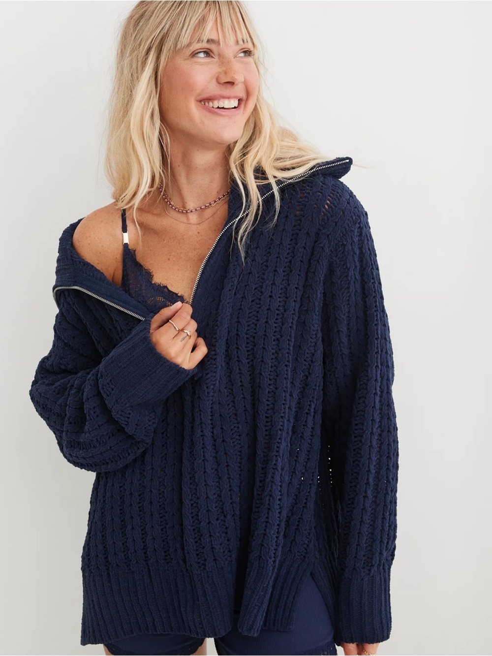 LINE NEW Aerie Cable-Knit Quarter Zip Sweater